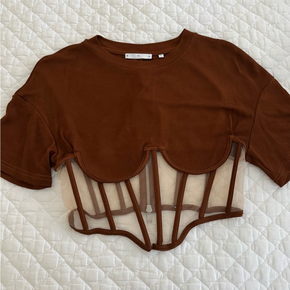 RtA Brown Scalloped Mesh Corset Crop Top